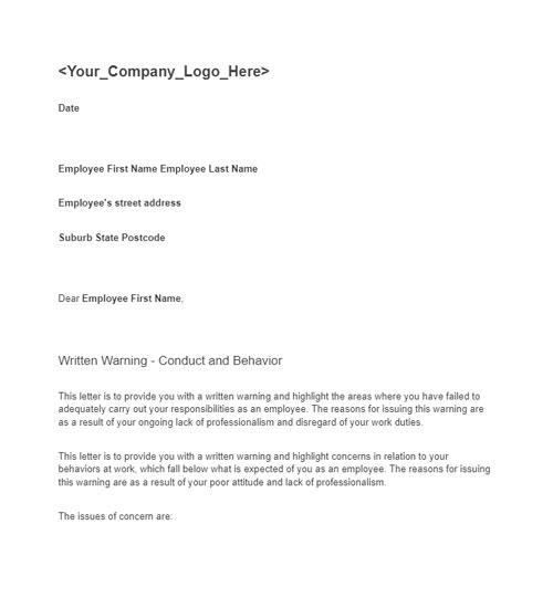 Written Warning &mdash; Conduct & Behaviour preview