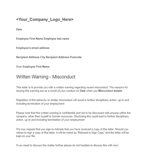Written Warning &mdash; Misconduct preview